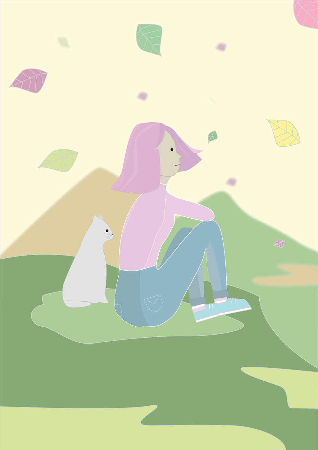 山で座っている女の子と犬