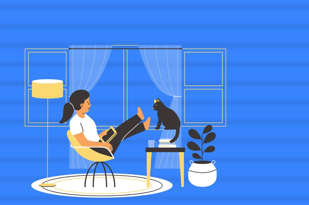 部屋で椅子に座っている女性と窓際にいる猫
